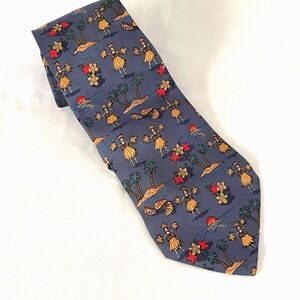 Hermes Silk Tie "Palm Tree Tahitian Dancer Seashells" Print Allover Blue